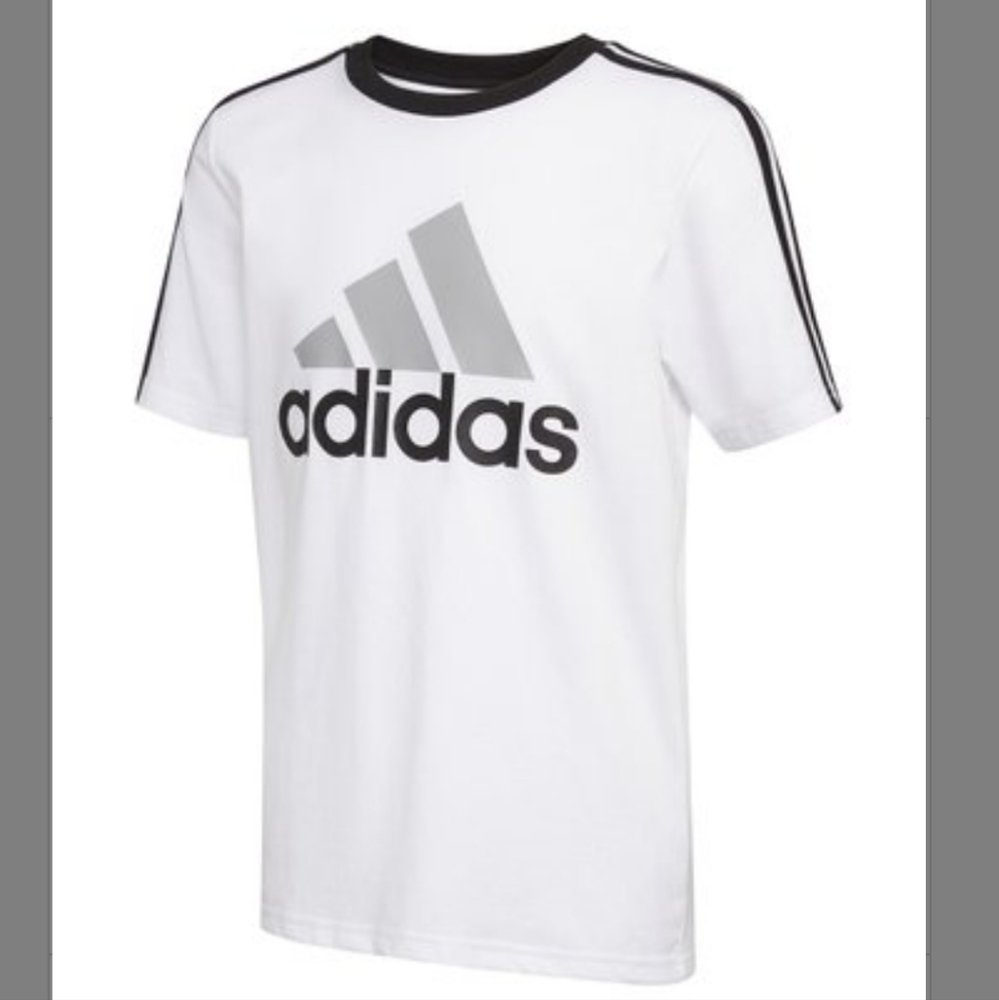 🎉HP🎉 Adidas White 'Adidas' Three-Stripe Logo Tee - Boys Size: M(10/12)